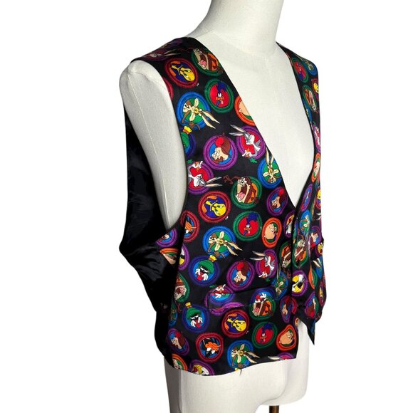 Vintage 90s Looney Tunes Mania Silk Vest Large Black Bugs Bunny Tweety Taz - Picture 5 of 6